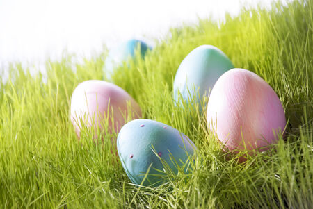Many Colorful Easter Eggs On Sunny Green Gras For Easter Or Seasons Greetings Pink And Blue Eggs...