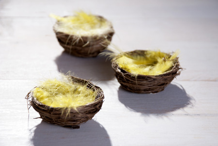 Three Easter Baskets Or Nests With Yellow Feathers in Sunny Light With Copy Space Free Text Or Your Text Here For Happy Easter Greetings Or Easter Decoration Close Up Or Macro Wooden Backgroundの写真素材