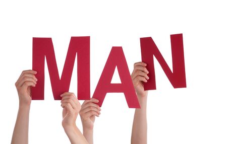 Many Caucasian People And Hands Holding Red Letters Or Characters Building The Isolated English Word Man On White Backgroundの写真素材