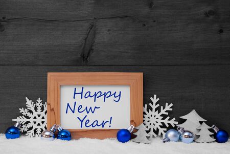 Blue Gray Christmas Decoration On Snow. Christmas Tree Ball, Snowflake And Christmas Tree. Picture...