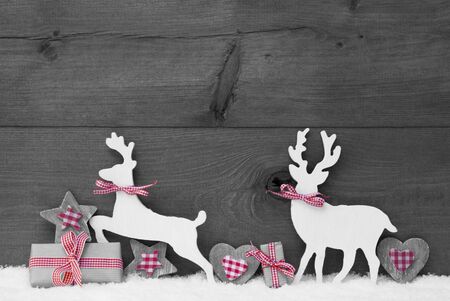 Christmas Decoration With Reindeer Couple In Love On White Snow. Christmas Gift, Present, Red Ribbon, Heart, Star. Gray, Rustic, Vintage Wooden Background. Black And White Image With Red Hotspotの写真素材