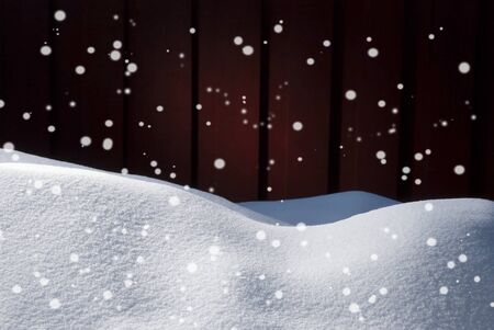 Christmas Card On White Snow. Copy Space For Advertisement Or Seasons Greetings. Snowy Scenery With Snowflakes And Atmosphere. Rustic Vintage Wooden Background, Frameの写真素材