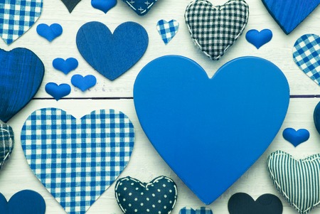 Blue Heart Texture With Copy Space For Advertisement Or Free Text. White Wooden Background. Textile...