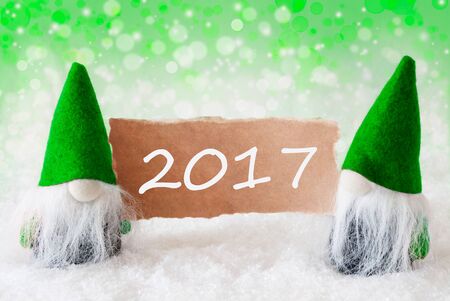 Christmas Greeting Card With Two Green Gnomes. Sparkling Bokeh And Natural Background With Snow....