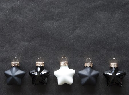 Black And White Christmas Tree Balls On Black Paper Background. Christmas Decoration Or Texture. Flat Lay View. Copy Space For Advertisementの写真素材