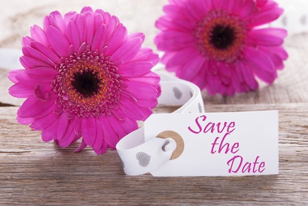 Label With English Text Save The Date. Pink Spring Gerbera Blossom. Vintage, Rutic Or Aged Wooden Background. Card For Spring Greetings.