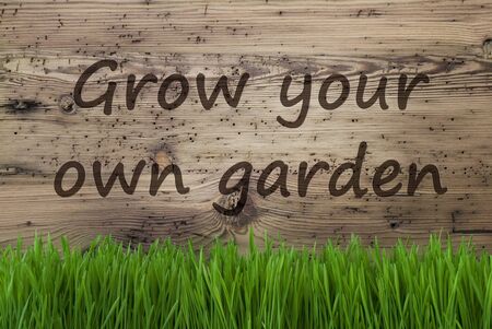 English Text Grow Your Own Garden. Spring Season Greeting Card. Aged Wooden Background With Gras.の写真素材