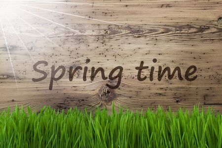 Sunny Wooden Background, Gras, Text Springtimeの写真素材