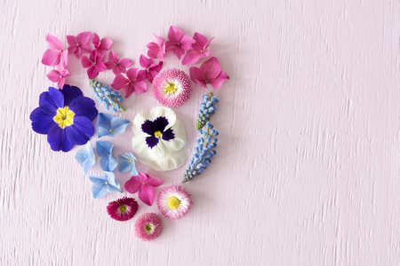 Vibrant Spring Flower Blossoms, Heart Shape, Copy Spaceの写真素材