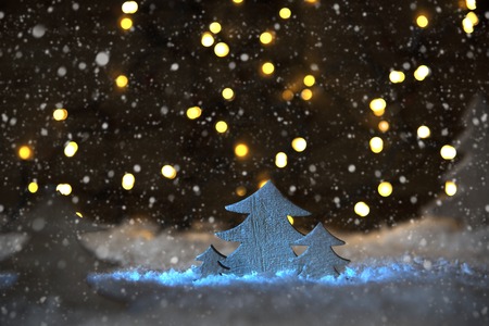 Wooden Christmas Tree, Snowflakes, Lights, Snowの写真素材