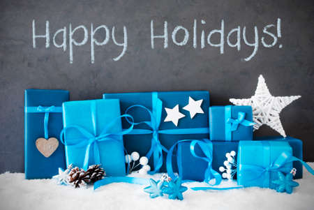 Christmas Gifts, Snow, Text Happy Holidaysの写真素材