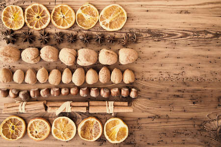 Food Flat Lay, Nuts, Copy Space, Aged Backgroundの写真素材