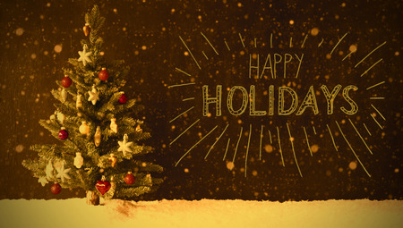 Christmas Tree, Snow, Retro Calligraphy Happy Holidays, Snowflakesの写真素材