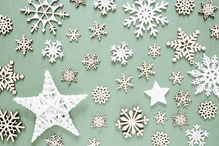 Flat Lay, Wooden Christmas Decoration, Bright Snowflakes, Lightsの写真素材