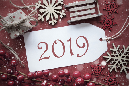 Red Nostalgic Christmas Decoration, Label With Text 2019の写真素材
