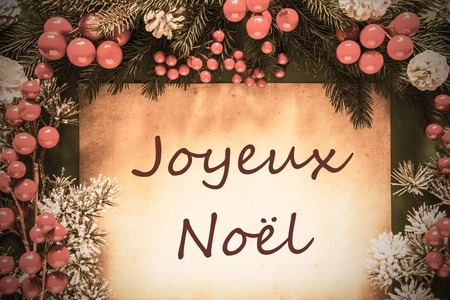 Retro Christmas Decoration, Fir Tree Branch, Joyeux Noel Means Merry Christmasの写真素材