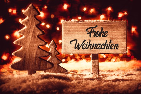 Sign, Christmas Tree, Snow, Calligraphy Frohe Weihnachten Means Merry Christmasの写真素材