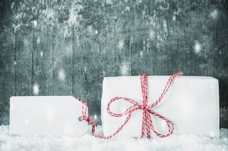 White Gift, Label, Copy Space, Snow, Grungy Cementの写真素材