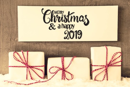 Gifts, Sign, Calligraphy Merry Christmas And Happy 2019, Snow