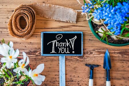 Spring Flowers, Sign, Calligraphy Thank You, Wooden Backgroundの写真素材