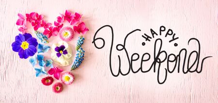 Spring Flower Blossoms Heart, Calligraphy Happy Weekendの写真素材