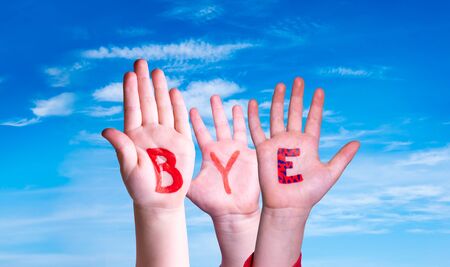 Children Hands Building Word Bye, Blue Skyの写真素材