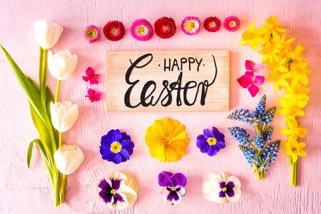 Spring Flat Lay, Flowers, Sign, Calligraphy Happy Easter