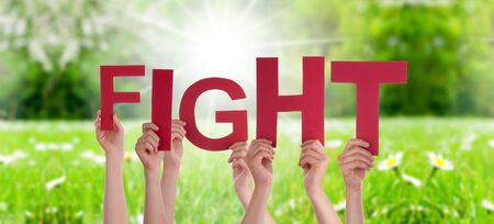 People Hands Holding Colorful English Word Fight. Sunny Green Grass Meadow As Backgroundの写真素材