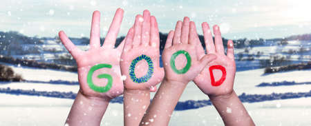 Children Hands Building Word Good, Snowy Winter Background