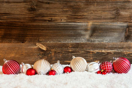 Christmas Ball Ornament, Snow, Copy Space, Rustic Wooden Backgroundの写真素材