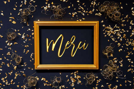 Frame, Golden Glitter Christmas Decoration, Merci Means Thank Youの写真素材
