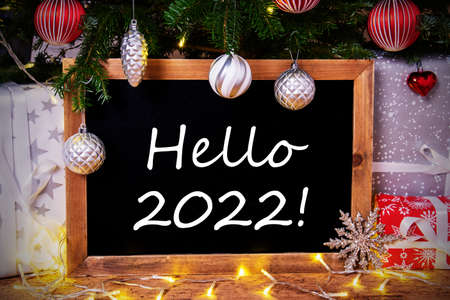 Chalkboard, Tree, Gift, Fairy Lights, Text Hello 2022の写真素材