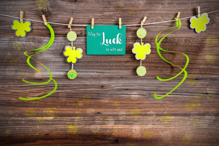 Saint Patricks Day Wooden Background, Label With Text May The Luck Be With Youの写真素材