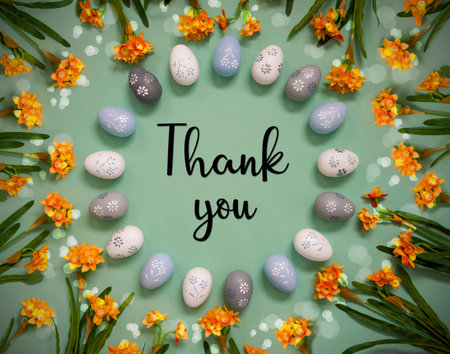 Easter Egg Decoration, Spring Flowers, English Text Thank Youの写真素材