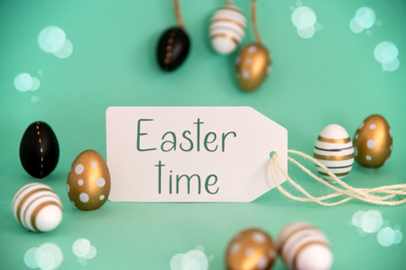 Golden Easter Egg Decoration. Label With English Text Easter Time