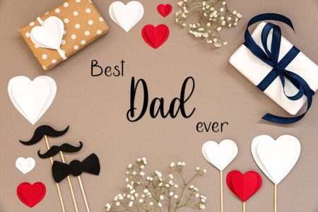 Flat Lay With Accessories, Gifts, Hearts, Text Best Dad Everの写真素材