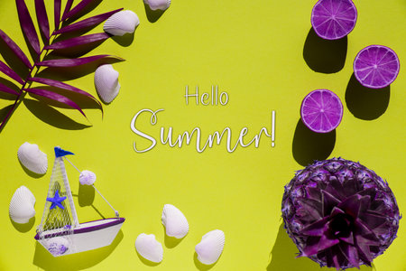Yellow Flat Lay, Boat, Shells, Purple Pineapple, Text Hello Summerの写真素材