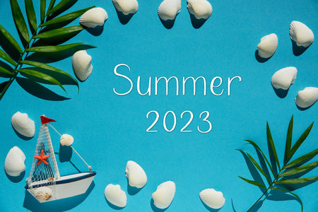 Turquoise Summer Flat Lay, Boat And Shells, Text Summer 2023の写真素材