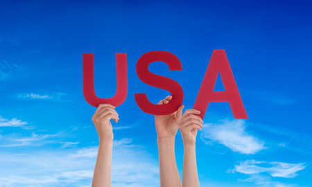 People Hands Building Word USA, Blue Skyの写真素材
