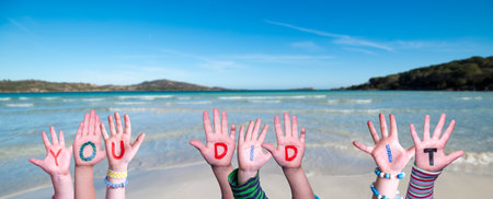Children Hands Building Word You Did It, Sea And Ocean Backgroundの写真素材