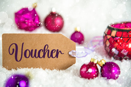 Label With Text Voucher, Snow, Purple Christmas Decorの写真素材