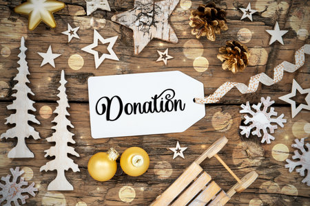 Rustic Wooden Christmas Background, Bokeh, Label With Text Donationの写真素材