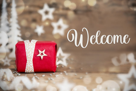 Text Welcome, With Christmas Gift, Winter Backgroundの写真素材