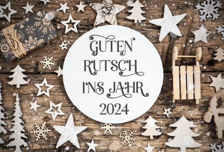 Text Guten Rutsch 2024, Means Happy 2024, Wood, Natural Christmas Decorの写真素材