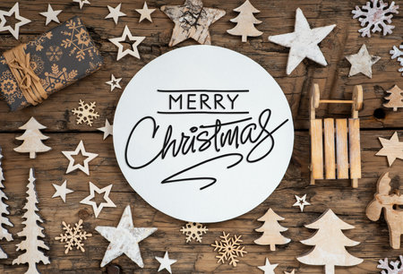 Text Merry Christmas, On Wooden Background, Natural Christmas Decorationの写真素材