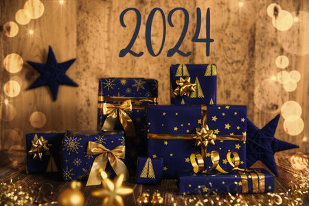 Text 2024, Blue Christmas Gifts, Wooden Winter Decorの写真素材