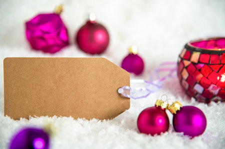 Label With Copyspace, Snow, Purple Christmas And Winter Decorationの写真素材
