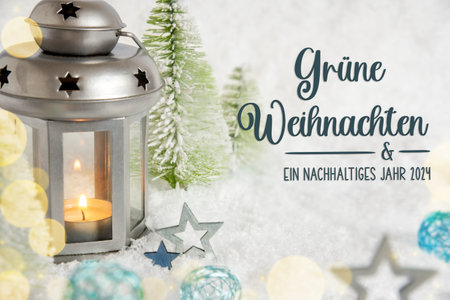 Text Gruene Weihnachten, Means Green Christmas, Christmas Lantern In The Snowの写真素材