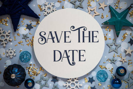 Text Save The Date, Blue Flatlay, Christmas, Winter Decorの写真素材