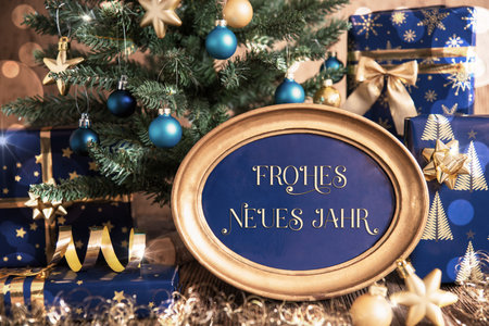 Oval Frame Frohes Neues Jahr, Means Happy New Year, Christmas Tree Backgroundの写真素材